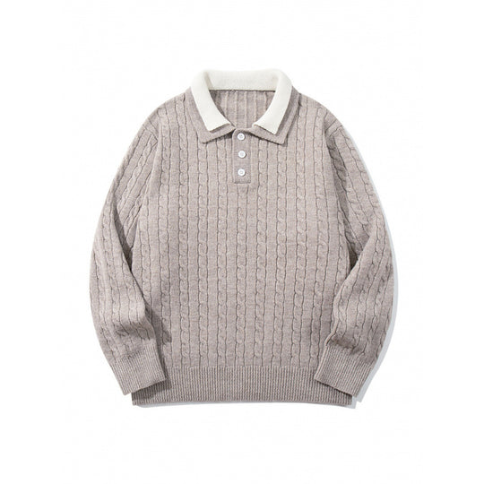 Herren Grobgestrickter Polokragen-Pullover mit Zopfmuster und Knopfleiste Nord Taschen