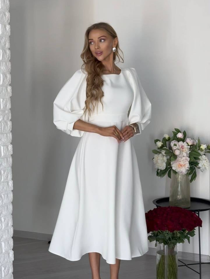 Damen Midikleid mit offenem Rückenausschnitt, voluminösen Puffärmeln und Bindegürtel Nord Taschen