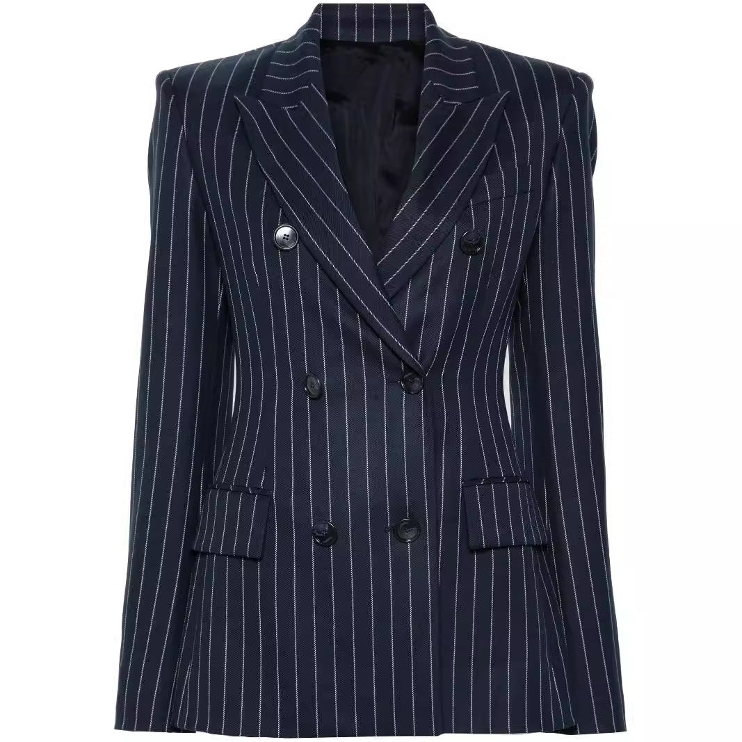 Damen Nadelstreifen Zweireihiger Blazer mit High‑Waist Schlaghose Nord Taschen