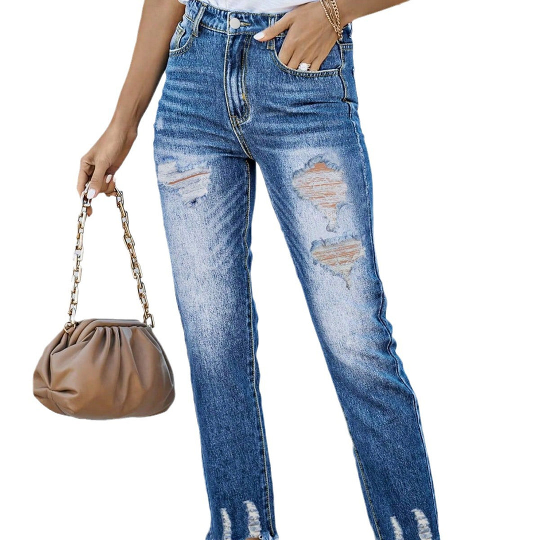 Damen High-Waist Straight-Jeans mit Destroyed-Details und ausgefranstem Saum Nord Taschen