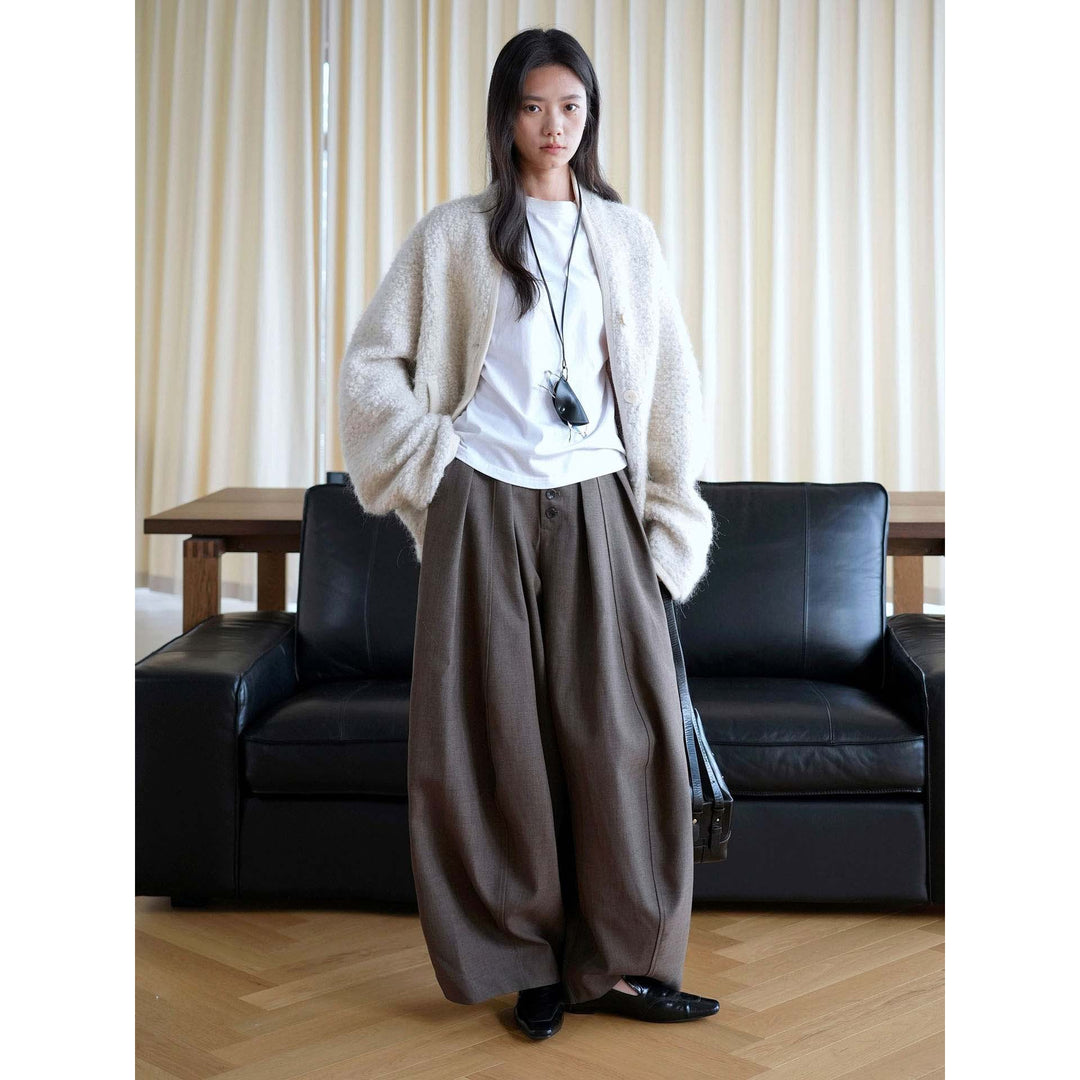 Damen weite Hose mit hoher Taille und dekorativer Knopfleiste Nord Taschen