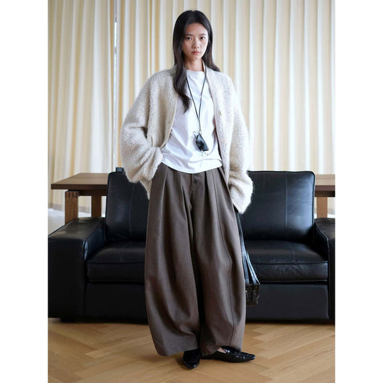 Damen weite Hose mit hoher Taille und dekorativer Knopfleiste Nord Taschen