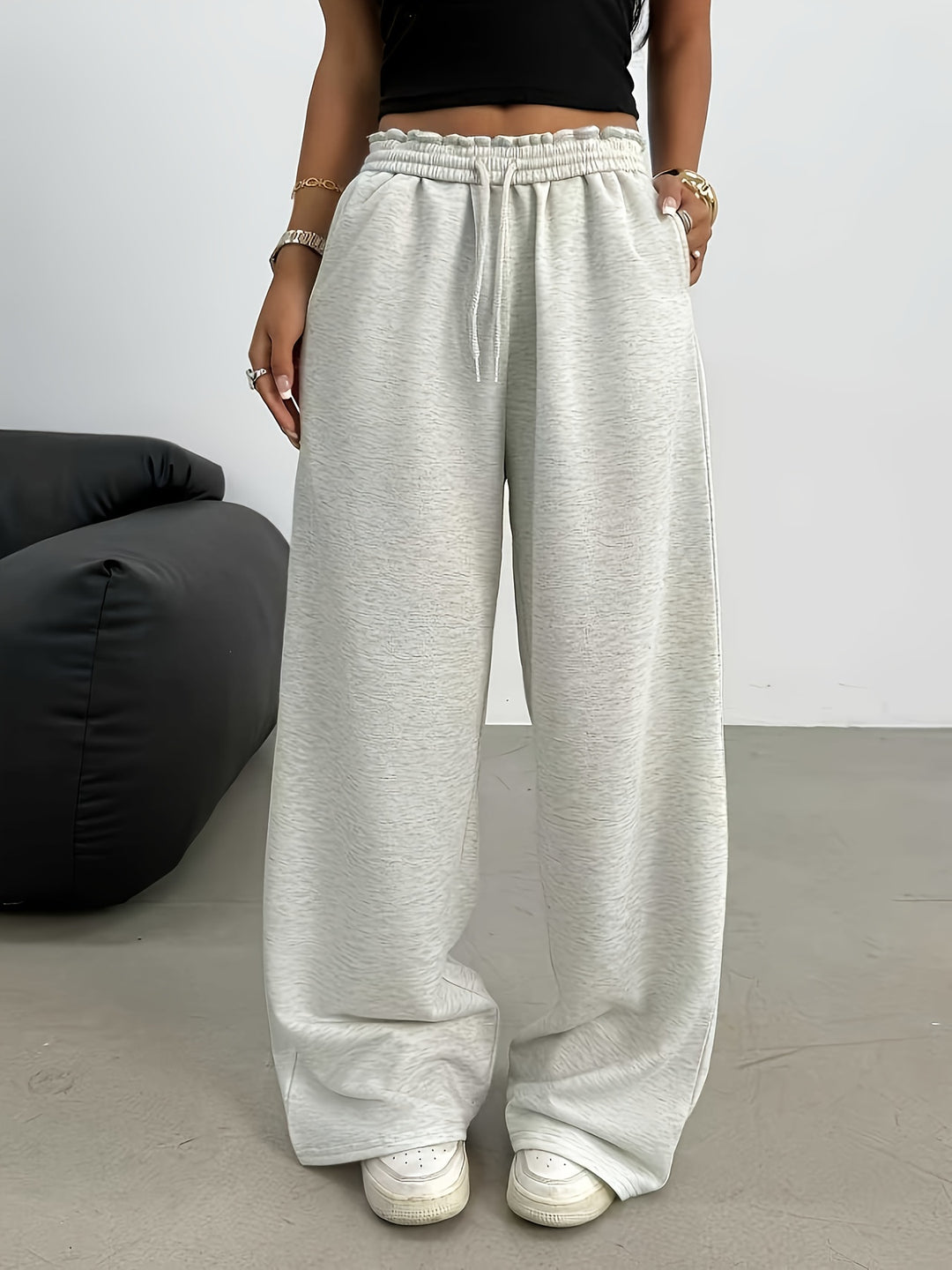 Damen Weite High-Waist Loungehose mit elastischem Bund und Kordelzug Nord Taschen