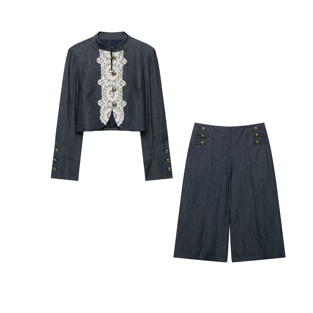 Damen Boleroartige Kurzjacke im Vintage-Denim‑Stil mit Spitzenpasse und Messingknöpfen Nord Taschen