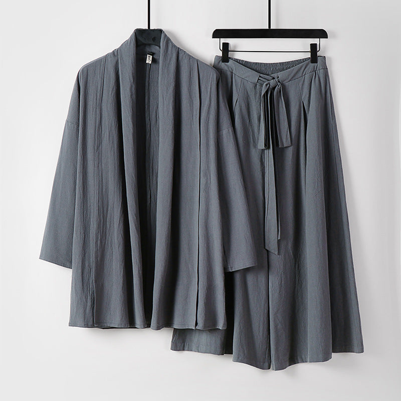 Damen Zweiteiliges Lounge-Set im Kimono-Stil mit offenem Schalkragen und weitem Palazzo-Hosenrock Nord Taschen