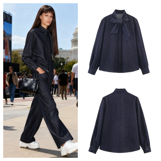Damen Schimmernde Bluse mit Schleifenkragen und Knopfleiste Nord Taschen