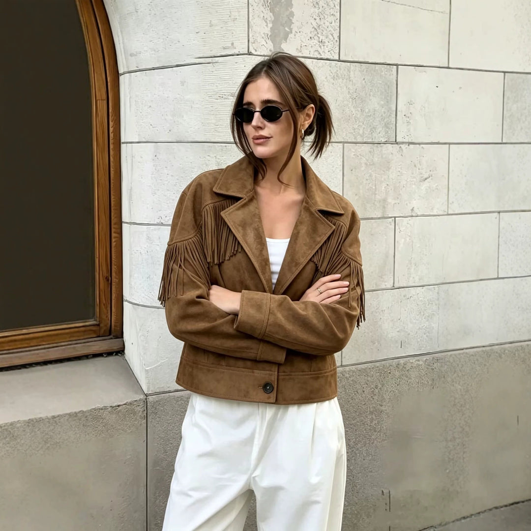 Damen Kurze Wildlederoptik-Fransenjacke im Cropped-Boxy-Schnitt Nord Taschen