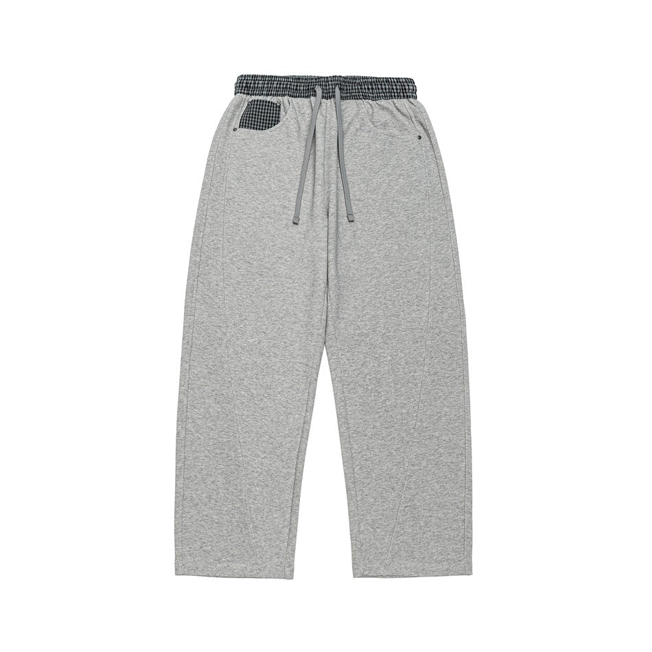 Damen Leichte Sweatpants mit hohem Gummibund, Karomusterbesatz und weitem Cropped Schnitt Nord Taschen