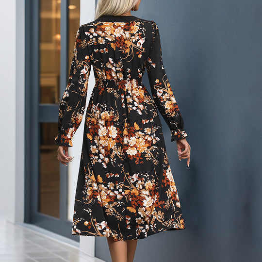 Damen Midikleid mit tailliertem Bund, V‑Ausschnitt, langen Ärmeln und floralem Allover‑Print Nord Taschen