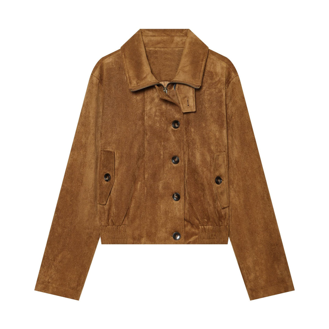 Damen Kurzjacke aus Veloursleder mit Blouson‑Silhouette, Stehkragen und Knopfleiste Nord Taschen