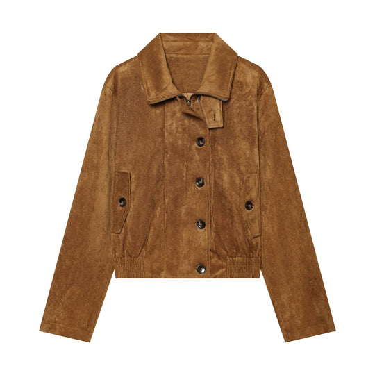 Damen Kurzjacke aus Veloursleder mit Blouson‑Silhouette, Stehkragen und Knopfleiste Nord Taschen