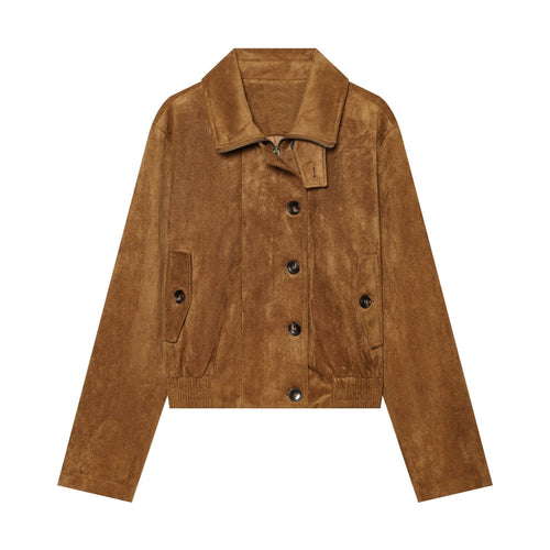 Damen Kurzjacke aus Veloursleder mit Blouson‑Silhouette, Stehkragen und Knopfleiste Nord Taschen