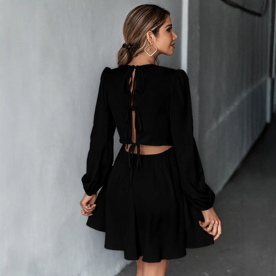 Damen schickes Cocktailkleid mit geraffter Taille, langen Ballonärmeln und rundem Ausschnitt Nord Taschen
