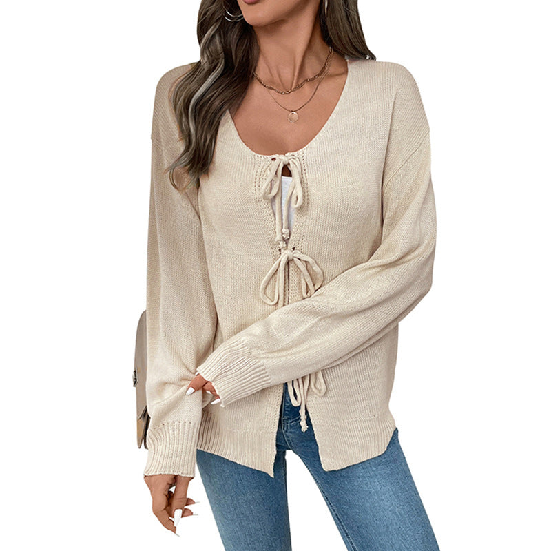 Damen Lässiger Oversize-Strickpullover mit vorderer Band‑Schnürung Nord Taschen