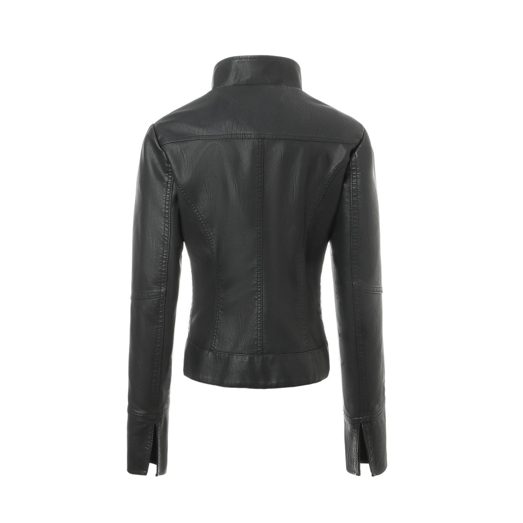 Damen Schlanke Echtlederjacke mit Stehkragen, Stepppaneelen und Reißverschluss Nord Taschen