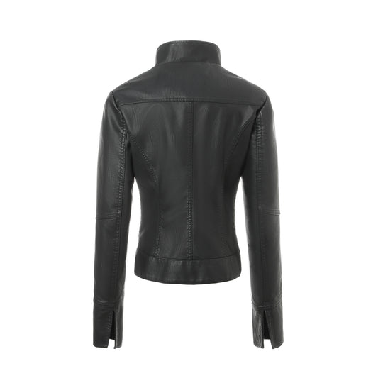Damen Schlanke Echtlederjacke mit Stehkragen, Stepppaneelen und Reißverschluss Nord Taschen