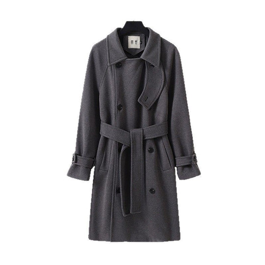 Herren Dramatisch geschnittener Doppelreihiger Wollmix-Longcoat mit Kragenlaschen und Bindegürtel Nord Taschen