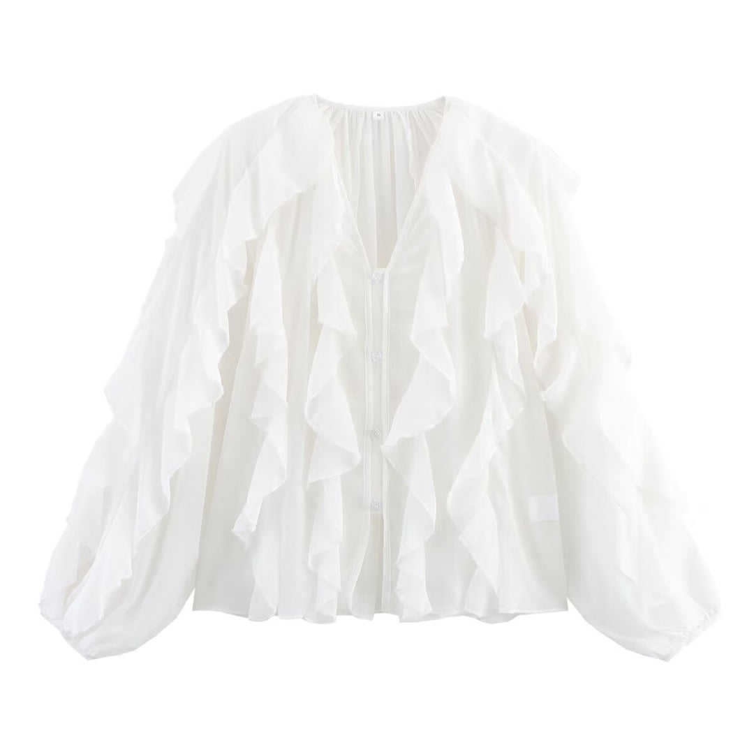 Damen Volant-Chiffonbluse mit V‑Ausschnitt, Knopfleiste und Ballonärmeln Nord Taschen