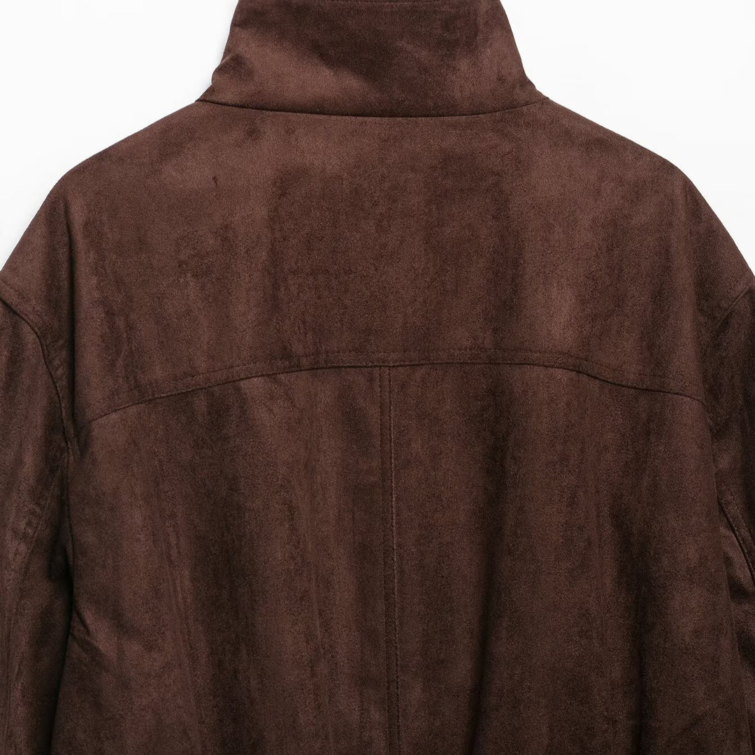 Damen Velourslederoptik Bomberjacke mit Funnelkragen und elastischem Saum Nord Taschen