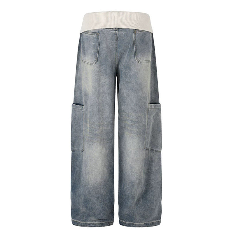 Damen Weite Denim-Palazzo-Cargo-Hose mit Komfort-Rippbund und aufgesetzten Taschen Nord Taschen