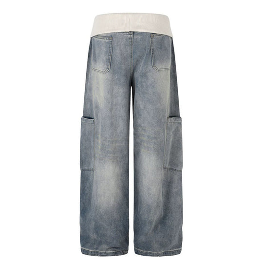 Damen Weite Denim-Palazzo-Cargo-Hose mit Komfort-Rippbund und aufgesetzten Taschen Nord Taschen