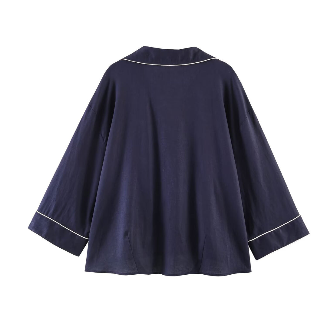 Damen Pyjama-inspirierte Oversize-Hemdbluse mit Kontrastpaspel und Brusttaschen Nord Taschen