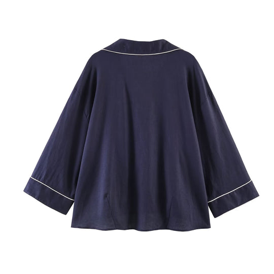 Damen Pyjama-inspirierte Oversize-Hemdbluse mit Kontrastpaspel und Brusttaschen Nord Taschen