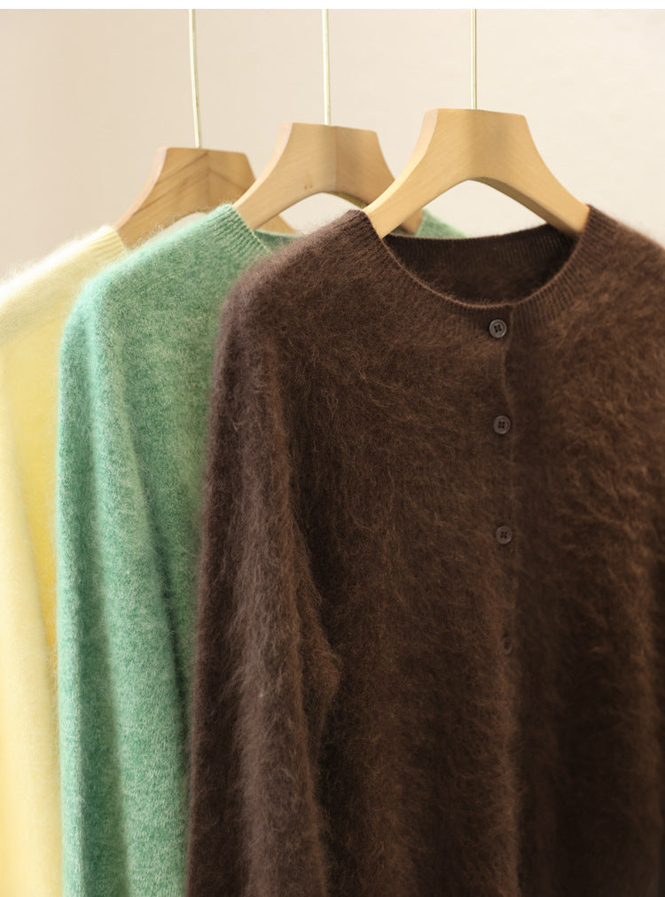 Damen Flauschiger Mohair-Optik Knopf-Cardigan mit Rundhalsausschnitt Nord Taschen
