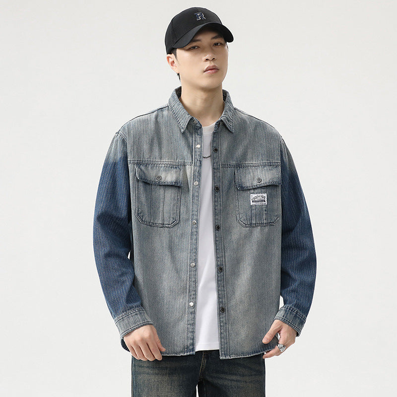 Herren Overshirt aus Denim mit Kontrastärmeln und leichter Used-Waschung Nord Taschen