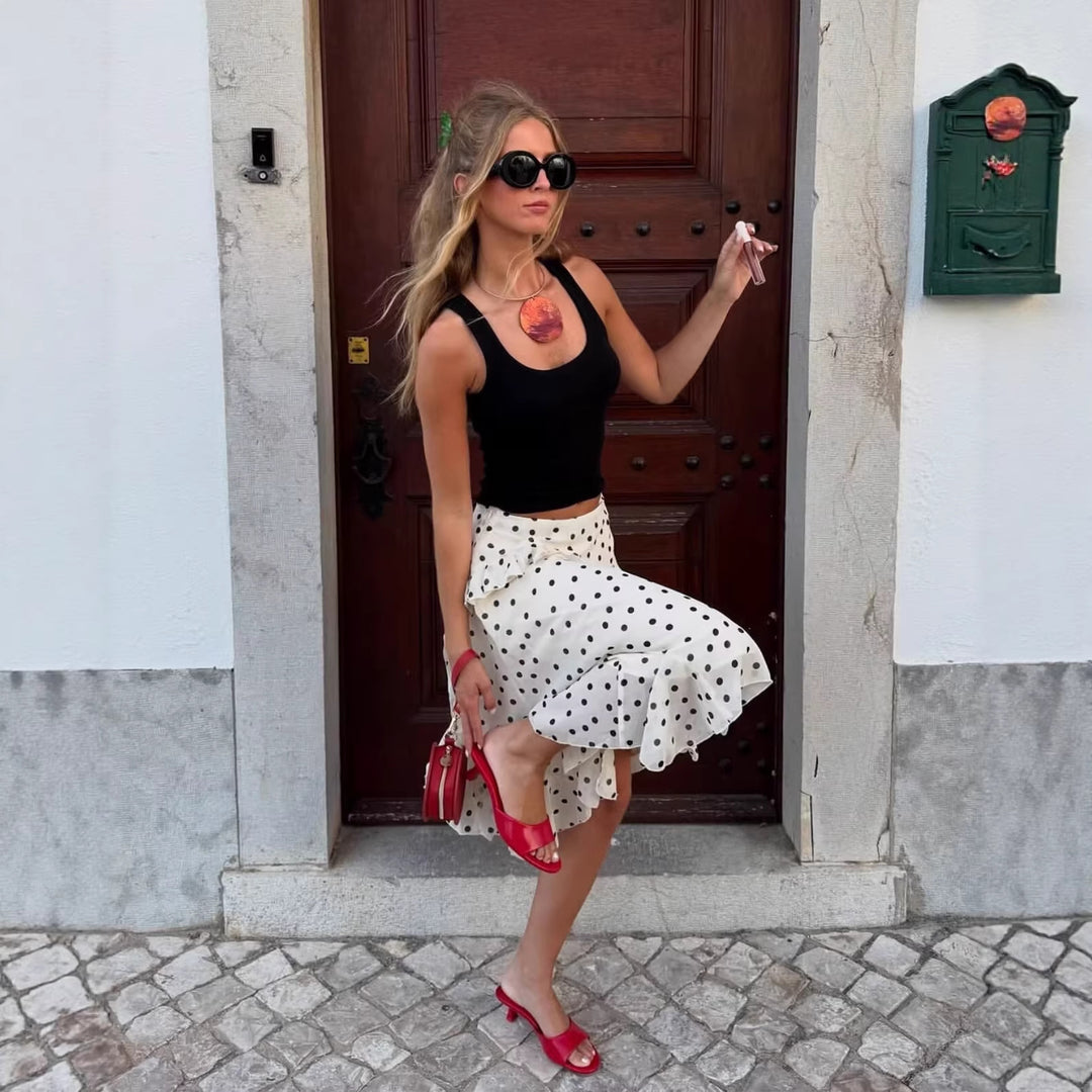 Damen Wickel-Midirock aus Chiffon mit Volants und Pünktchen-Design Nord Taschen