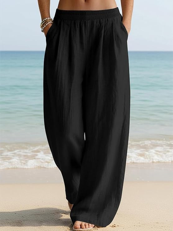 Damen Weite Leinenhose mit elastischem Bund und seitlichen Eingrifftaschen Nord Taschen