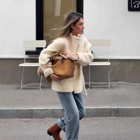 Damen Oversize Wollmix-Poncho mit asymmetrischem Fall und Bindebändern Nord Taschen