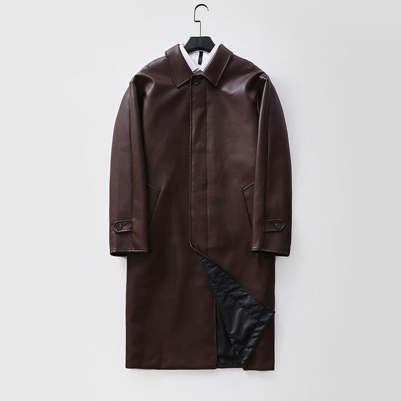 Herren langer minimalistischer Kunstleder-Mantel mit Hemdkragen, verdeckter Knopfleiste und geradem Schnitt Nord Taschen