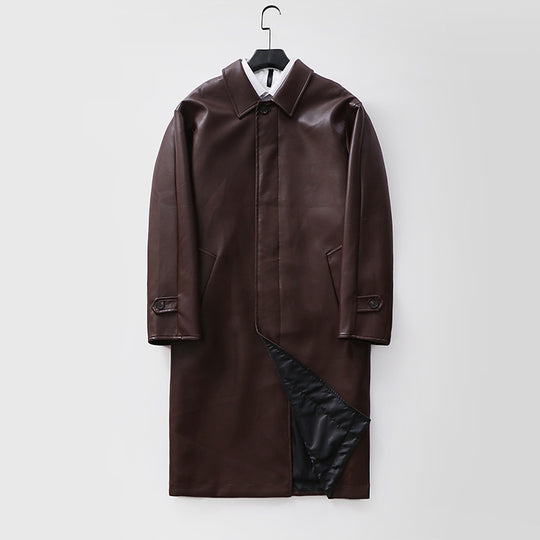 Herren langer minimalistischer Kunstleder-Mantel mit Hemdkragen, verdeckter Knopfleiste und geradem Schnitt Nord Taschen