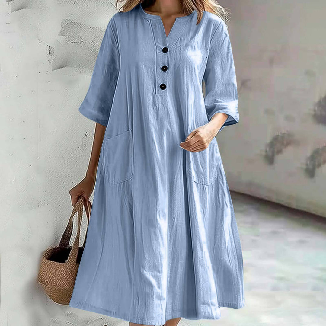 Damen lässiges Leinenkleid mit praktischen Taschen und Knopfdetails