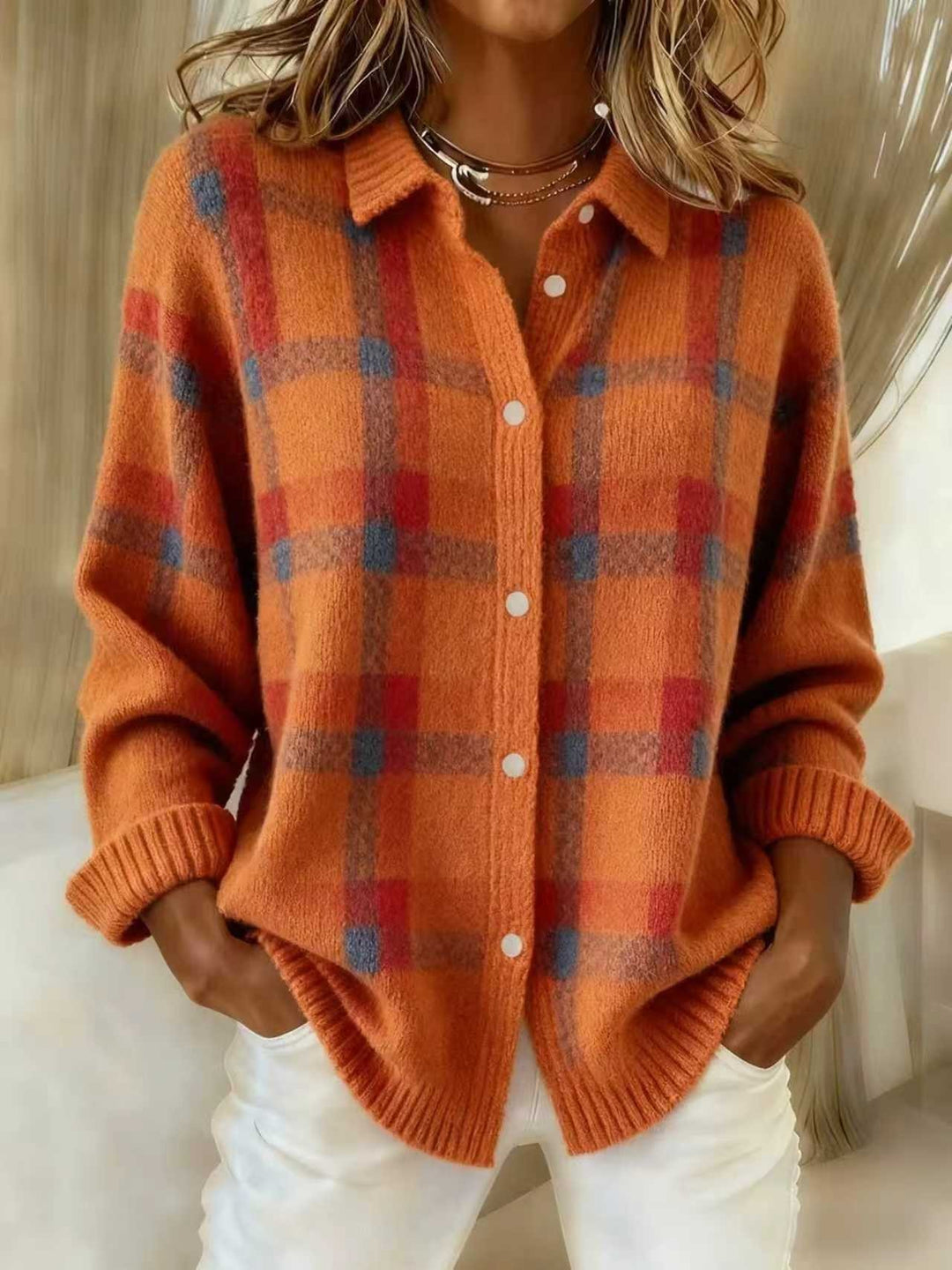 Damen Kariertes Strick-Hemdjacke-Cardigan mit Hemdkragen und gerippten Bündchen Nord Taschen