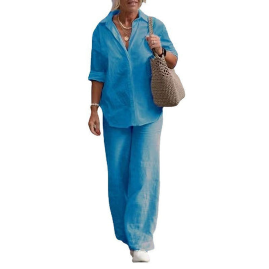 Damen Leichtes Leinen-Loungewear-Set mit offenem Hemdkragen und weiter Palazzohose Nord Taschen