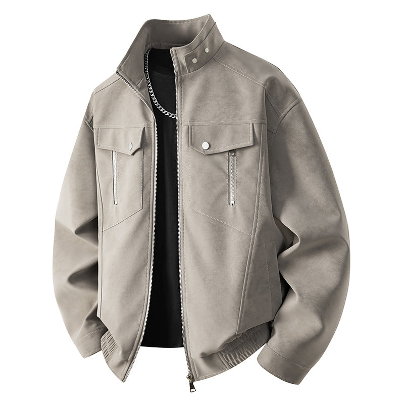 Herren Velours-Imitat Übergangsjacke im Bomberstil mit Stehkragen, Druckknopfleiste & elastischen Bündchen Nord Taschen