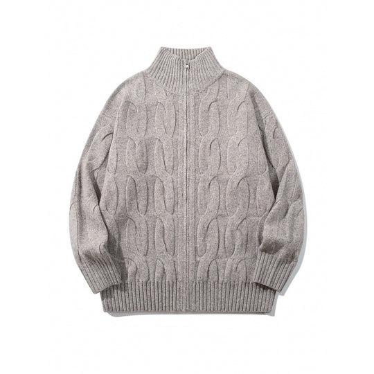 Unisex Grobgestrickter Reißverschluss-Cardigan mit Zopfmuster und hohem Rippkragen Nord Taschen