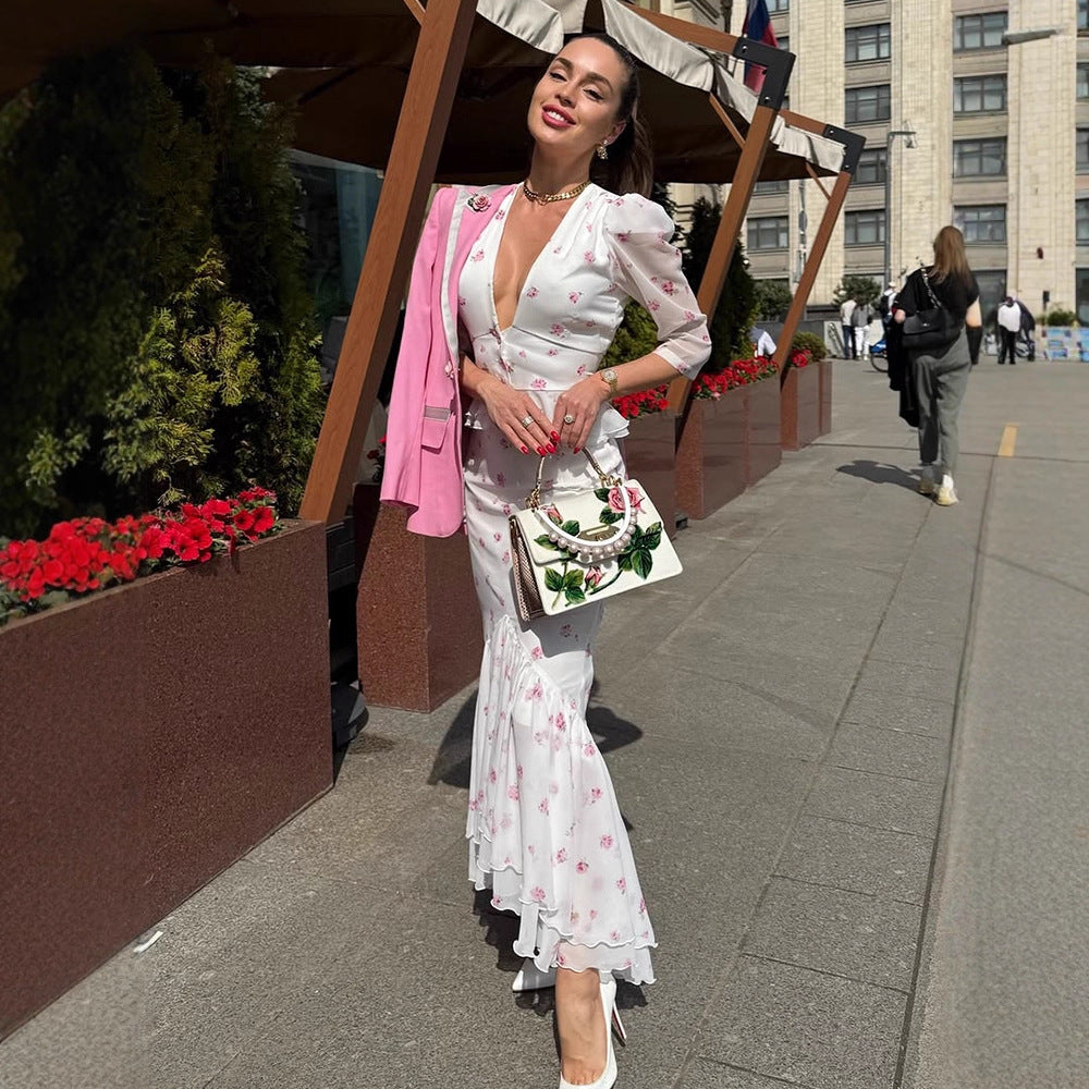 Damen Florales Satin-Midikleid mit tiefem V-Ausschnitt, Puffärmeln und taillierter Raffung Nord Taschen