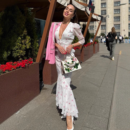 Damen Florales Satin-Midikleid mit tiefem V-Ausschnitt, Puffärmeln und taillierter Raffung Nord Taschen