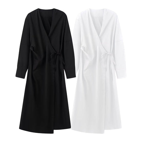Damen Wickel‑Midikleid mit V‑Ausschnitt und Bindegürtel Nord Taschen