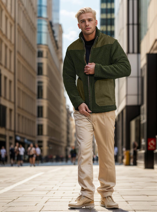 Herren Fleecejacke mit Stehkragen, Zwei‑Material‑Panel und Reißverschluss Nord Taschen