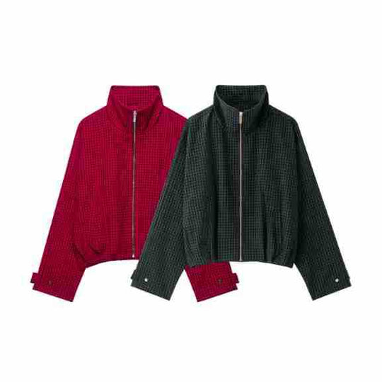 Damen Karierte Cropped Jacke mit Stehkragen und Reißverschluss Nord Taschen