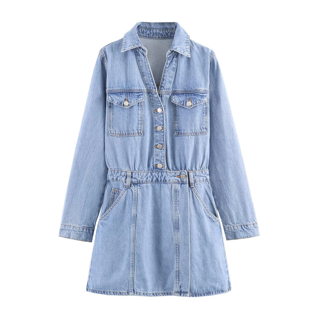 Damen Tailliertes Jeanskleid mit Bindegürtel, Hemdblusenkragen und Pattentaschen Nord Taschen