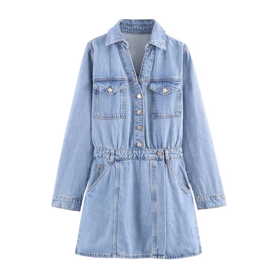 Damen Tailliertes Jeanskleid mit Bindegürtel, Hemdblusenkragen und Pattentaschen Nord Taschen
