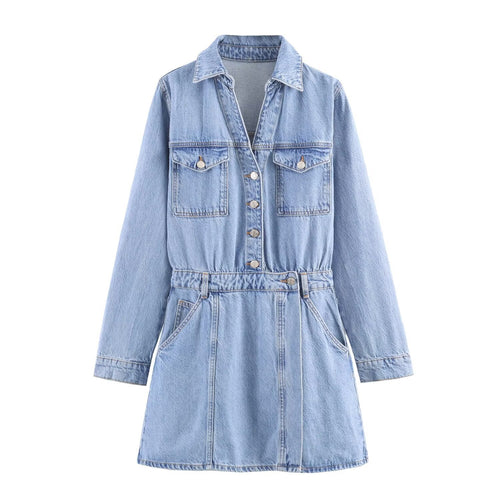 Damen Tailliertes Jeanskleid mit Bindegürtel, Hemdblusenkragen und Pattentaschen Nord Taschen