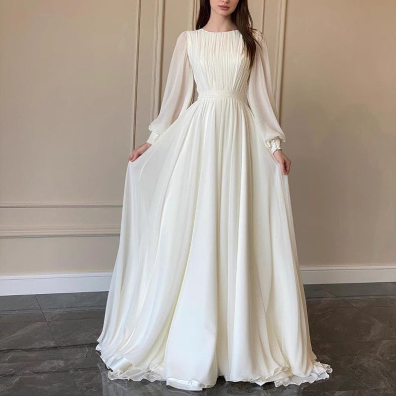 Durchsichtiges Weißes Hochzeitskleid Rundhalsausschnitt Lange Ärmel Kleid