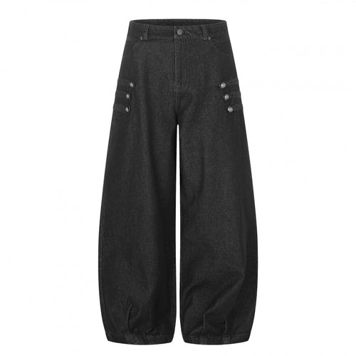 Damen Taillehohe Ballon-Jeanshose mit weitem Bein, Knopfdetail und elastischem Saum Nord Taschen