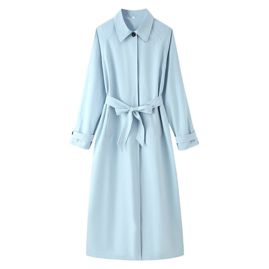 Damen langer taillierter Trenchcoat mit Bindegürtel und Hemdkragen Nord Taschen